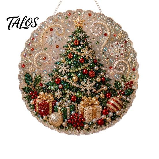 Outdoor Christmas Tree Decor Faux Pearl Art Kit, DIY Rhinestone Gem Painting Craft, Santa Festive Home Items Stocking Elk Pattern Hanging Suncatcher