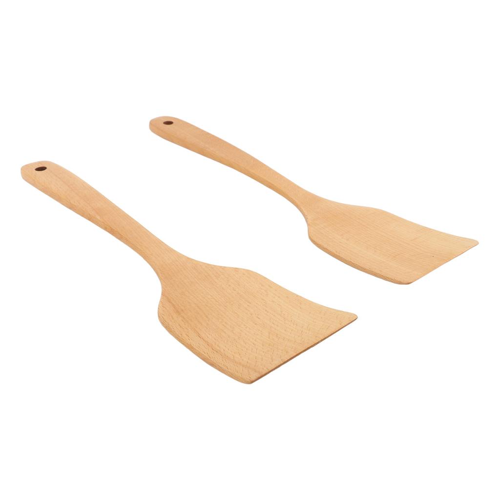 2 STÜCK Holzspatel Kochwender Buchenholz Langer Griff Breit Flach Bratspatel für Küche