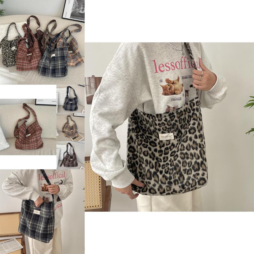 Trendy Checkered Wool And Canvas Shoulder Bag For Daily Casual Outfits