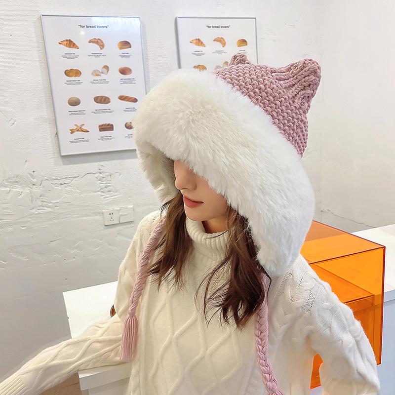 New Women Winter Warm Cute Beanie Hat Cat Ears Lady Kawaii Knitted Crochet Beanies Hat Cap With Braid For Women