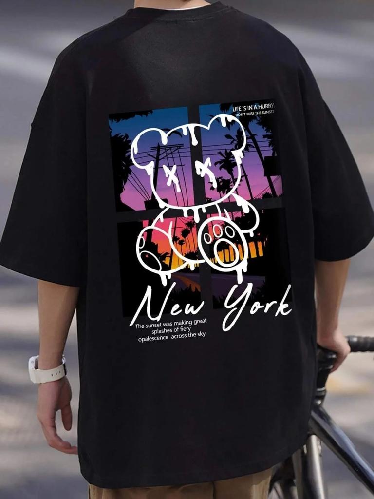Summer New York Art Cartoon Bear Sunset Landscape Design T-shirt Men's Fashion Shirt Loose Summer T-shirt Breathable T-shirt