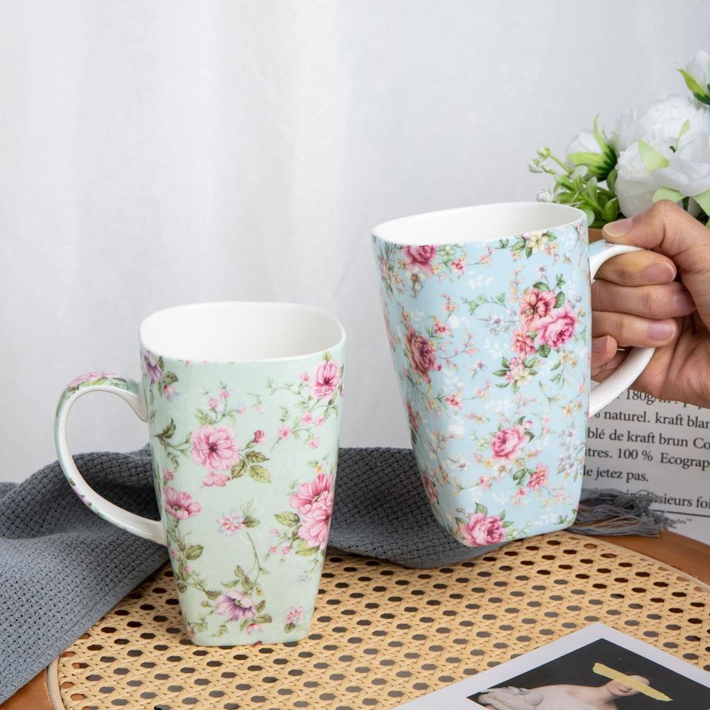 Bone China Floral Mug 610ml Large Capacity Tall Coffee Cup for Home Office Gift