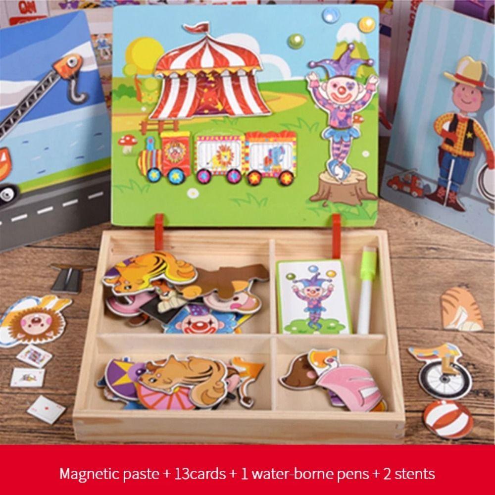 Reusable Magnetic 3D Puzzles with Lid Wooden Puzzles Magnet Book Children Gift