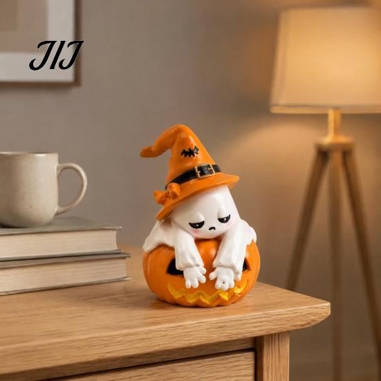 Halloween Ghost Pumpkin Figurine Figurine, Cute Sad Leaning On Desk Funny Melancholy Gift Decor, Spooky Decoration for Home Table Shelf Mantel Display
