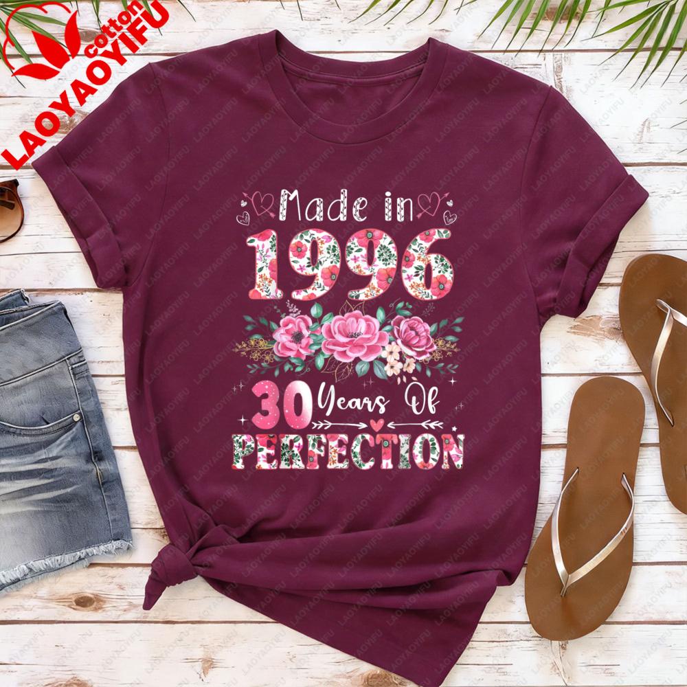 

Made in 1996 T Shirt Women 30 Years of Perfection Floral Graphic Tee 30th Birthday Gift Cotton Short Sleeve O Neck Tops 4XL