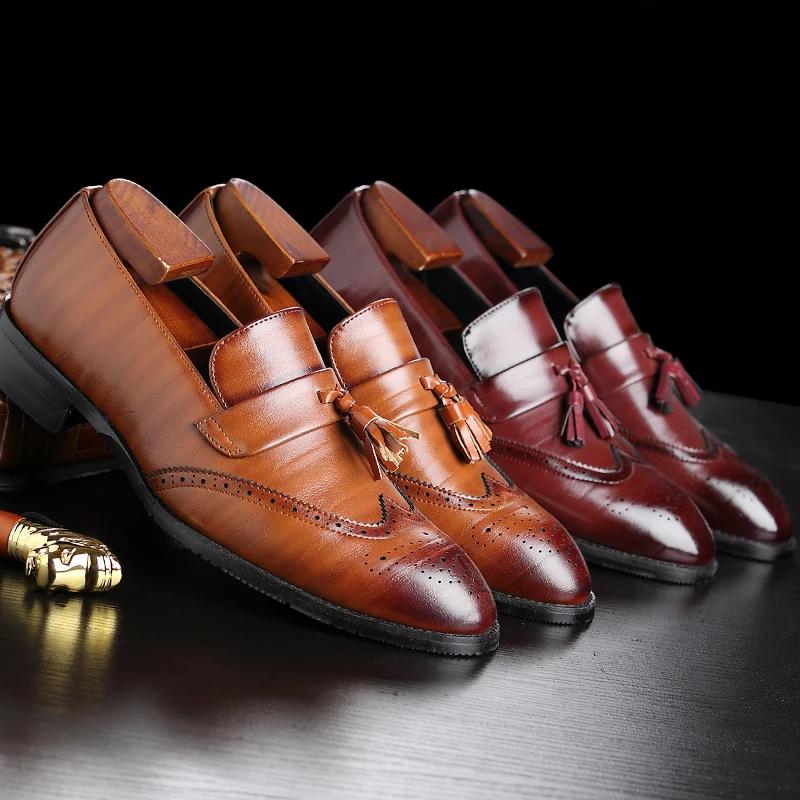 Men Leather Dress Shoes Man Design Brand Mens Shoes Classic Tassel Brogue Mans Footwear Formal Shoes for Men Big Size 37-48