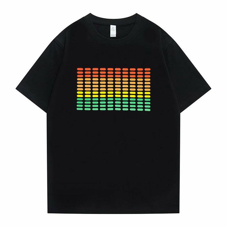 Flashing Music Activates LED Printed Unisexs and Womens Fashionable Loose Casual Short Sleeved New Cotton Trendy Tshirt