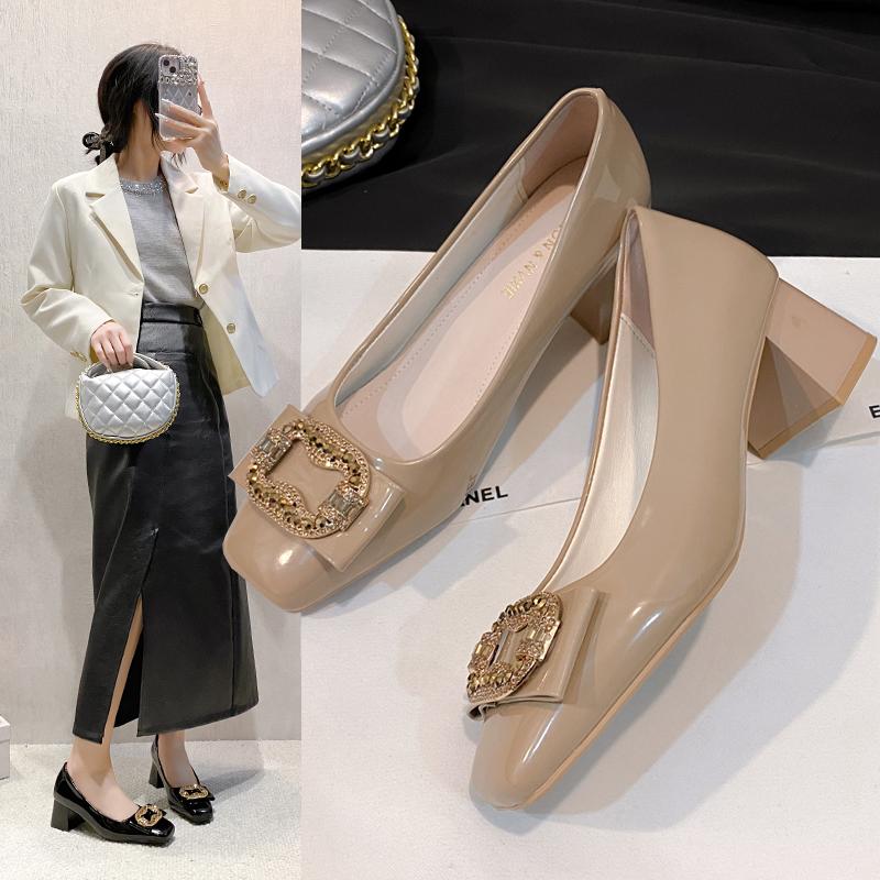 Fashion 2025 Bling Big Crystals Round Buckle Chunky Heels Pumps Women Shoes Dark Green Fashion and Leisure Pointed Toe Pumps