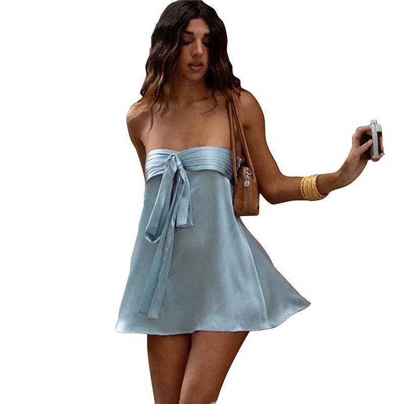 European and American Spring and Summer New Models, Temperament Solid Color Satin Tube Top Strap Sleeveless Dress Women's Clothing