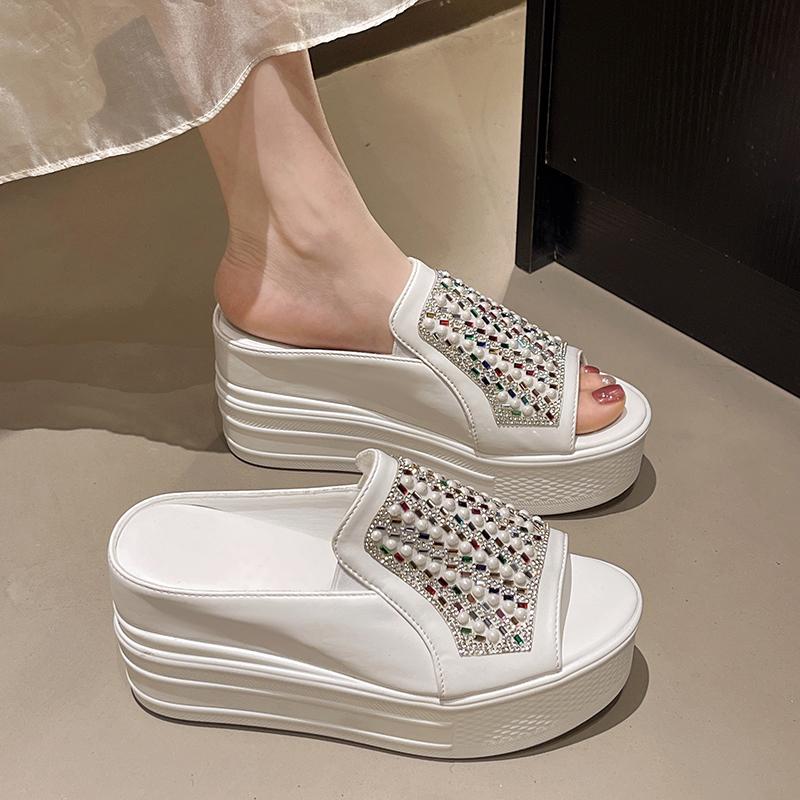Fashion 2025 Summer New Women's Open Toe Increase Height Slippers Crystal Pearl Embellished Outdoor Platform Casual Plus Size Sandals