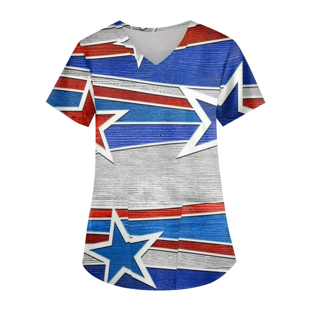 Ladies' Independence Day printed fashionable V-neck pocket short sleeved uniform and caregiver top