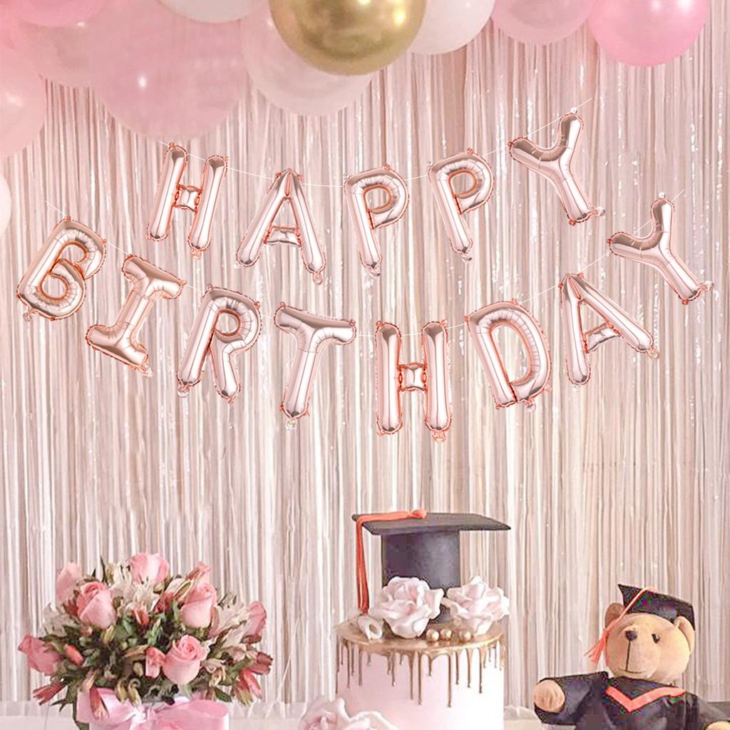 34pcs Rose Gold Birthday Party Decorations Including Tassel Curtains, Happy Birthday Balloons, Love Heart Aluminum Film Balloons