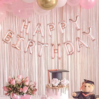 34 peças de decorações para festa de aniversário em ouro rosa, incluindo cortinas de borlas, balões de feliz aniversário, balões de filme de alumínio em forma de coração de amor