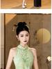 2026 Summer Green Sleeveless Cheongsam: Slimming Off-Shoulder, Waist-Cinching Halter Dress