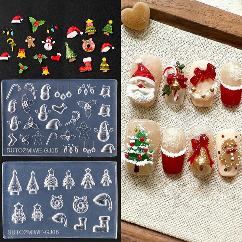 Moule à Ongles en Silicone 3D Pour Nail Art DIY Arbre de Noël Bonhomme de Neige Cloche Bonhomme en Pain d'Épices Modèle Design Transparent Outil de Manucure