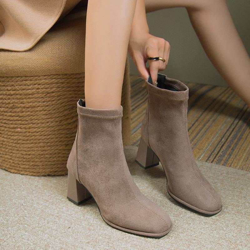 Suede apricot high-heeled short boots women's 2025 early autumn new single boots square head thick heel thin boots women's high heels