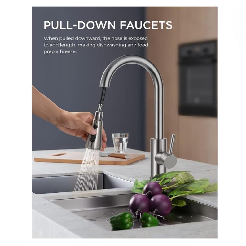 Retractable Kitchen Fixture with 360° Swivel Brushed Nickel, 3 Mode Faucet Kitchen Retractable, Stainless Steel Single Hand Dishwasher Fixture
