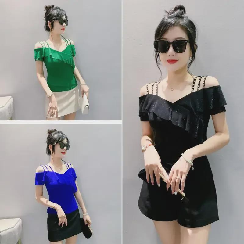 

Off-Shoulder Ruffle V-Neck Beaded Mesh Slim Fit Short-Sleeve Top 2XL чорний