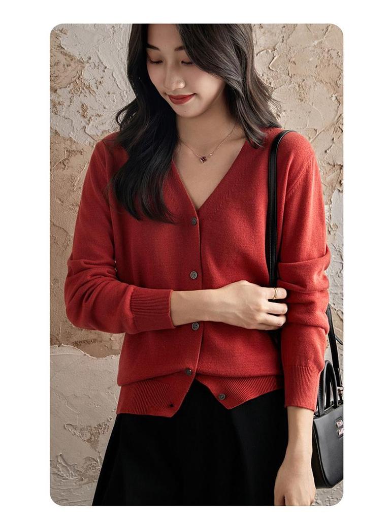 Damen 100% Baumwolle Strick V-Ausschnitt Strickjacke - Frühling/Herbst, Lockere Passform, Unifarbe, Atmungsaktiv, Hohe Dichte, Sonnenschutz Oberbekleidung.