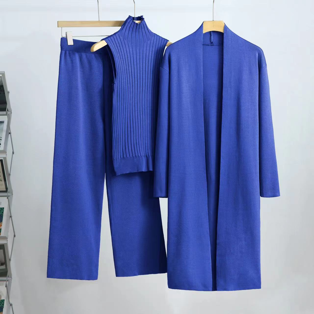 

Зимний женский вязаный свитер, брюки-тройка, свободная блузка, рубашка, свитер и широкие брюки с высокой талией, винтажный повседневный комплект из трех предметов One size