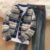 Chic Women's Vintage Color Block Knit Cardigan & High Waist Jeans Set for Autumn/Winter