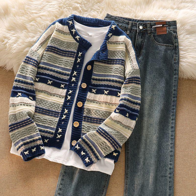 Chic Women's Vintage Color Block Knit Cardigan & High Waist Jeans Set for Autumn/Winter