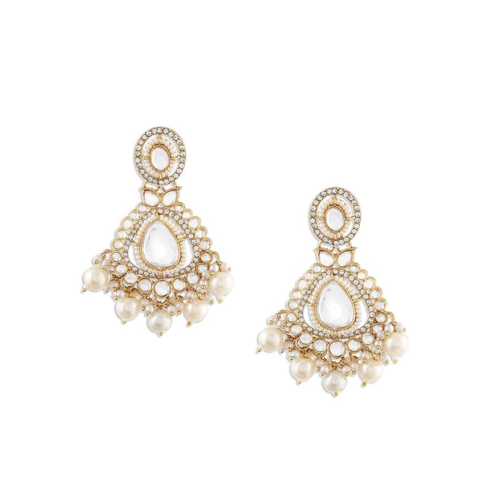 Ton Dazzling Stones Mehrsträngige Perlen-Choker-Halskette Ohrring & Maangtikka Set für Frauen