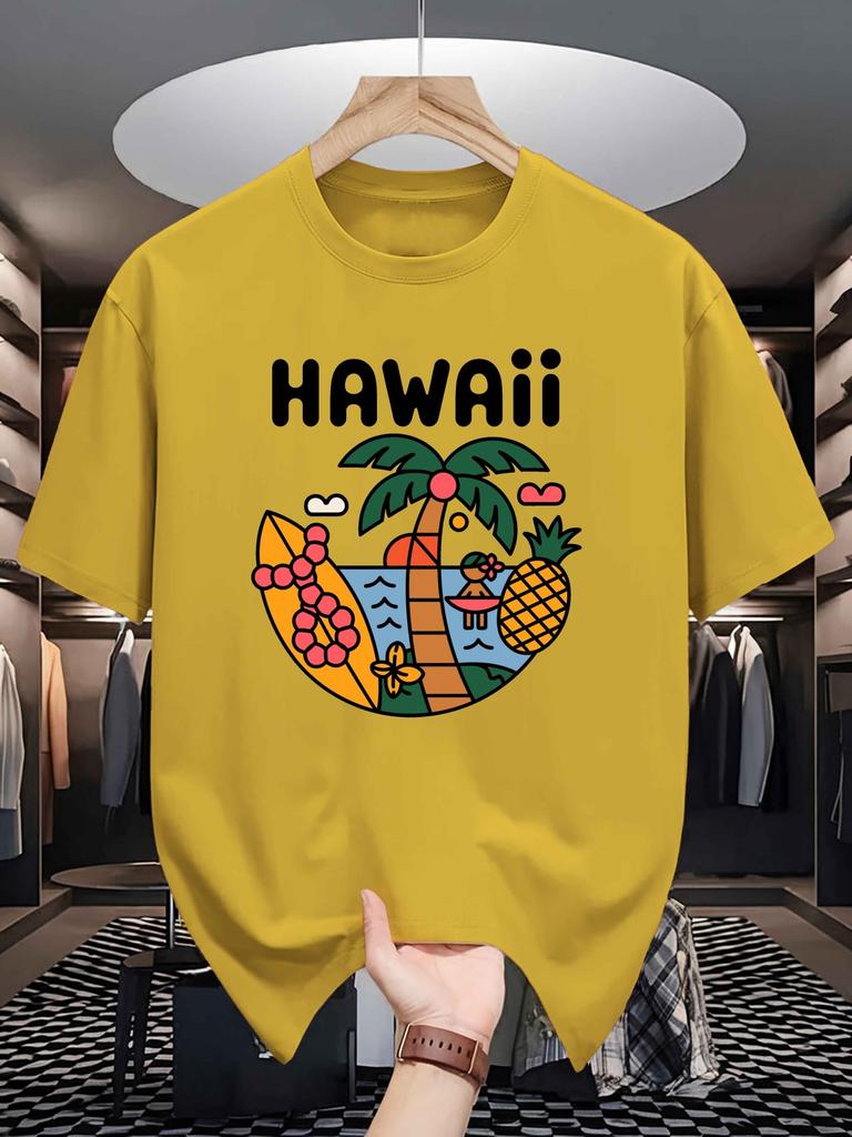 Unisex Crew Neck Tee Hawaii Tropical Beach Scenery Graphic Print Soft Cotton Loose Short Sleeve Summer Casual Male Streetwear Tops