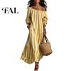 Daily Wear Dress Summer Women Striped Long Dress, Off Shoulder Sleeve Casual Breathable Beachwear Ankle Length Loose Swing with Side Pocket