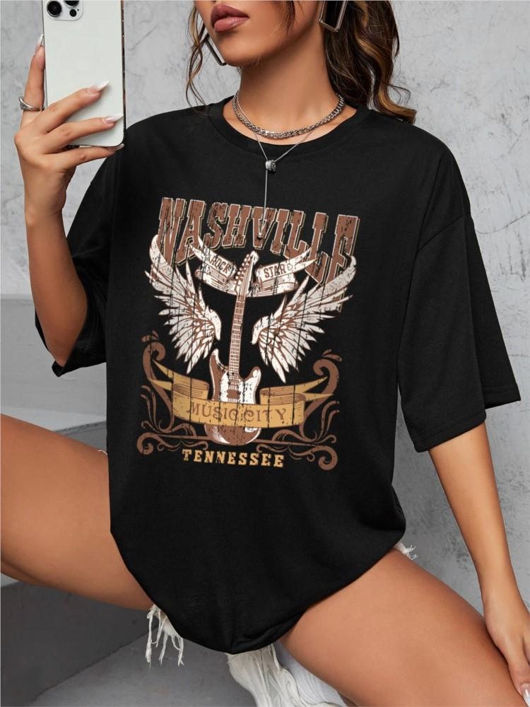 

Woman Cotton TShirts Nashville Music City Tennessee Prints Tees Fashion Female Short Sleeve Clothes Comfortable Street Tops 4XL
