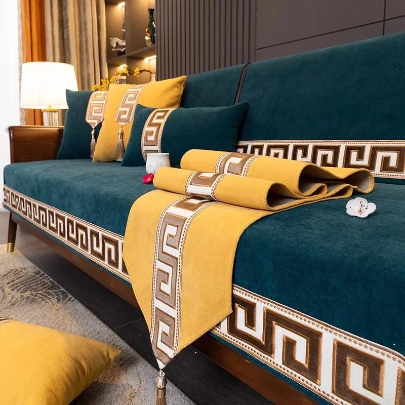 Chinese Style Chenille Sofa Cover Four Seasonal Universal Solid Wood Sofa Seat Cushion Joyful Anti Slip Red Chair Cushion Cover