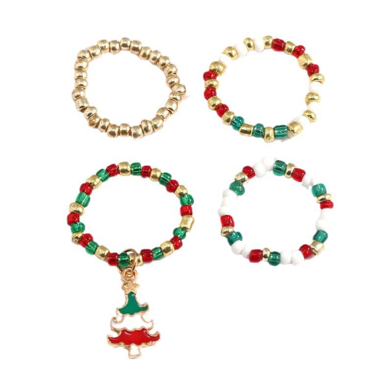 European & American Christmas Seed Bead Ring Set: 4-Piece Elastic Rings, Trendy Women's Fashion