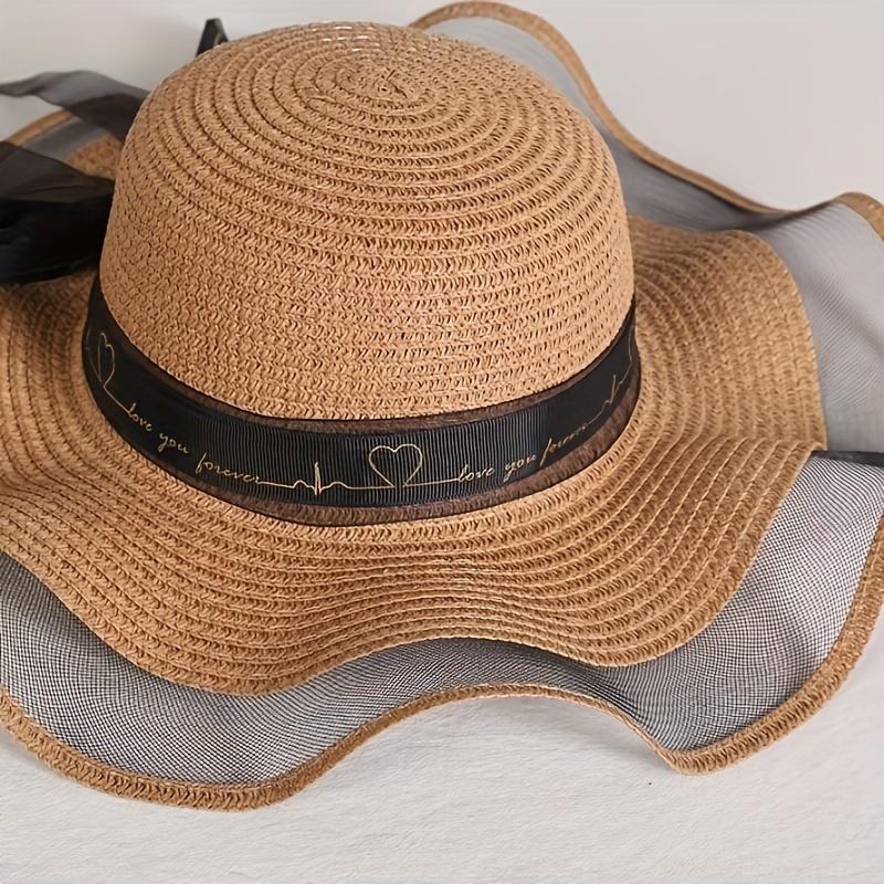 high quality1pc outdoor beach hat, large eaves bow ribbon beach hat for ladies, round-topped straw hat, bow sun hat