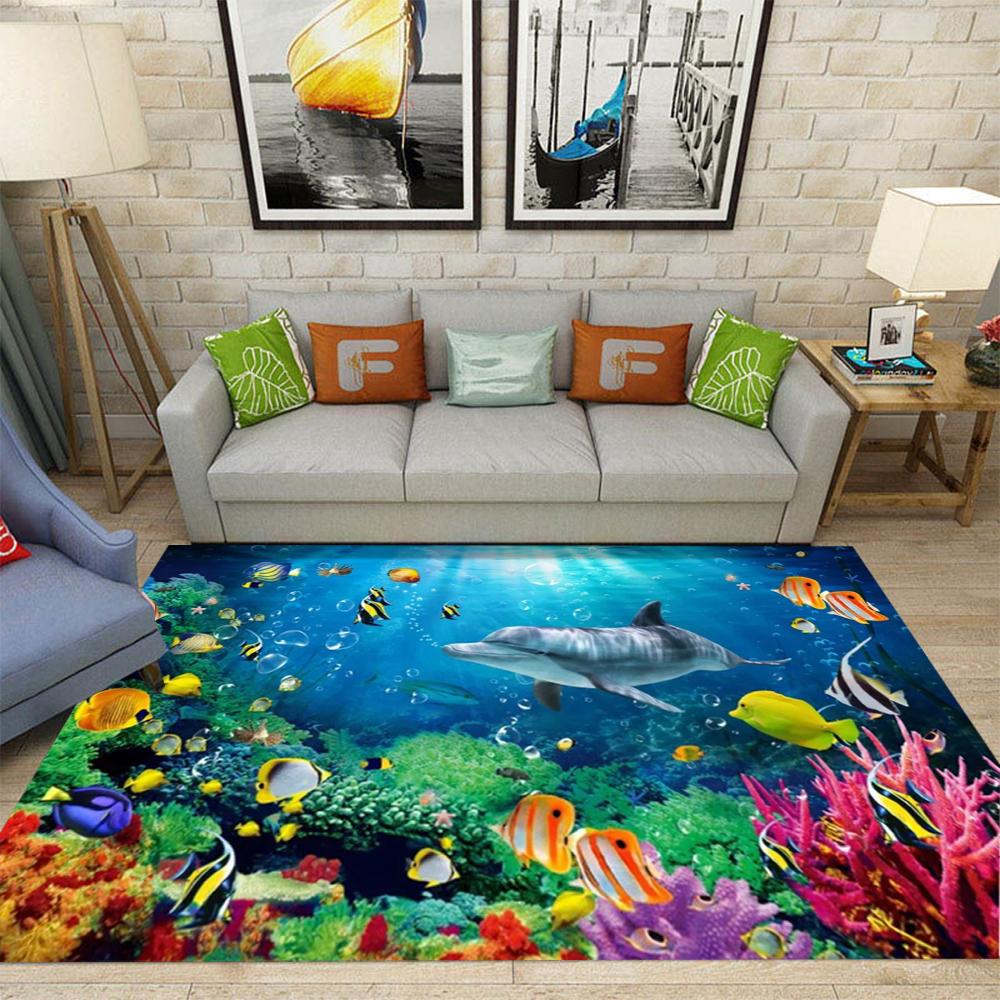Large Sea Turtle Theme Area Rug Colorful Coral Reefs Tropical Fish Living Room Bedroom Marine Decor Carpet Home Decoration Mat