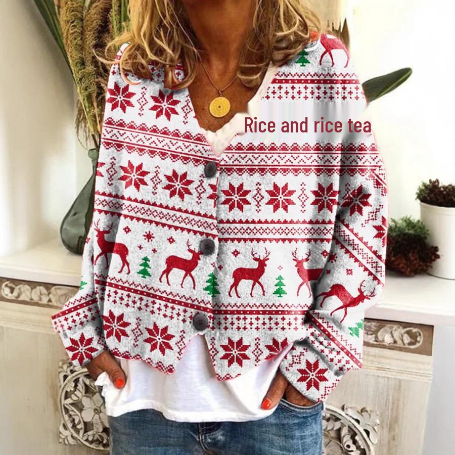 2026 Trending Women's Digital Print V-Neck Cardigan Sweater - Short, Long-Sleeve Design