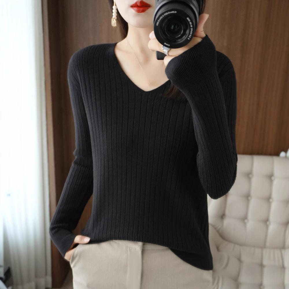 Herbst/Winter V-Ausschnitt Pullover Damen Gestreift Einfarbig Basis Pullover Koreanischer Slim Hoodie Innen Set Damen Warm Lässig Strickpullover