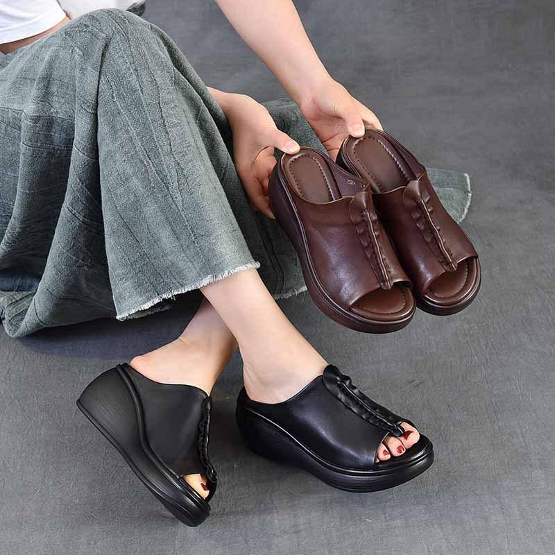 Fashion Retro Style Fish Mouth Premium Genuine Leather Slippers 2025 New Summer Outdoor Slippers Wedges Elegant Women Sandals