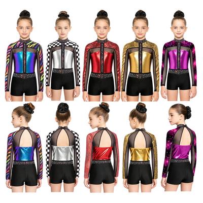 Girls 3Pcs Gymnastics Sparkle Rhinestone Patchwork Long Sleeve Back Cutout Leotard with Shorts and Hair Tie for Dance