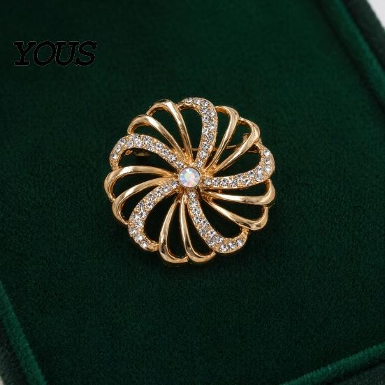 Solid Metal Brooch Pin, Hollow Swirl Flower Pattern Lapel Pin with Rhinestones Inlaid, Durable Spiral Petals Design Versatile Badge for Coats