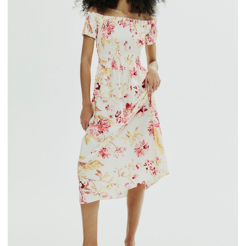 

Export Single Cross-Border H Lady Casual Smocking Elastic Design Large Swing off-Neck Elegance Ins Chest Show Dress Color X L