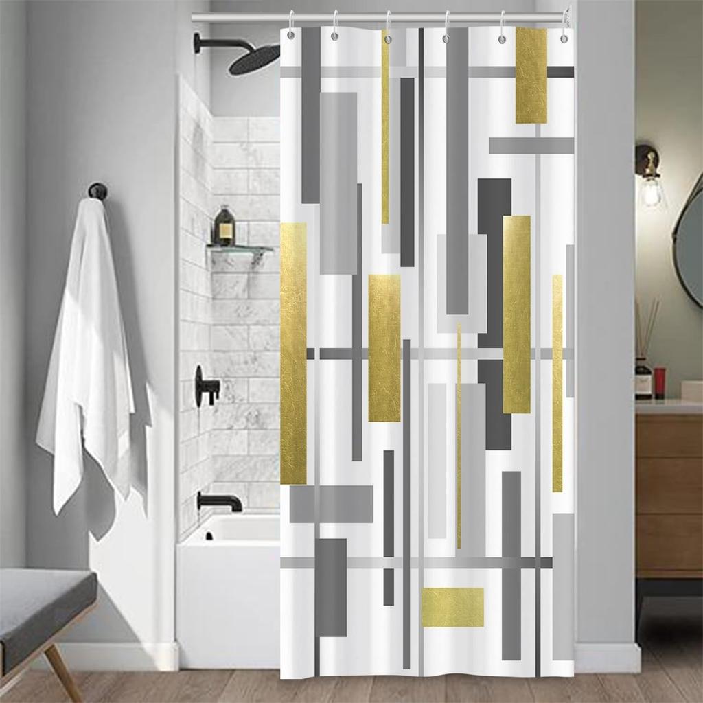 Striped Fabric Bathroom Shower Curtain-Modern Simple Polyester Waterproof Blue Grey Abstract Line Pattern With Hook