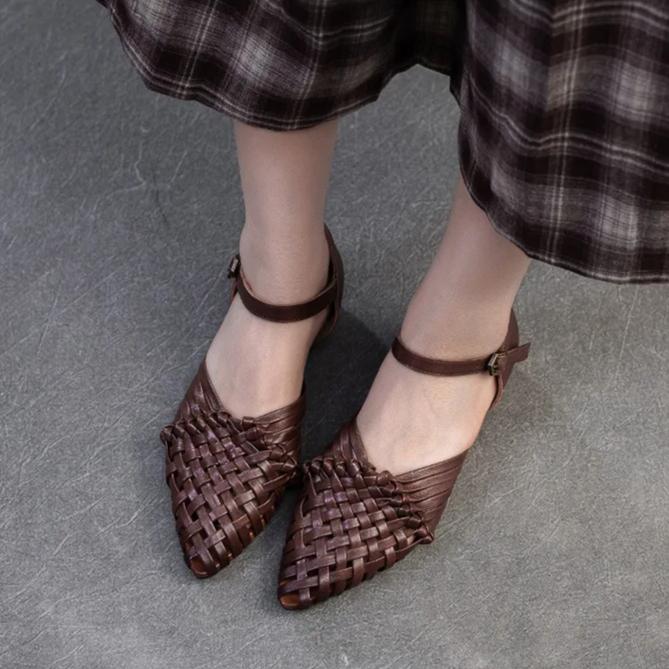 Johnature Retro kézzel szőtt valódi bőr lapos szandálok légáteresztő csattal közlekedő női cipők