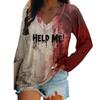 Halloween Fashion Bloody letter 3D Print Graphic Long Sleeve T-Shirt Casual V-Neck Top Polyester Breathable Women's Apparel Tops