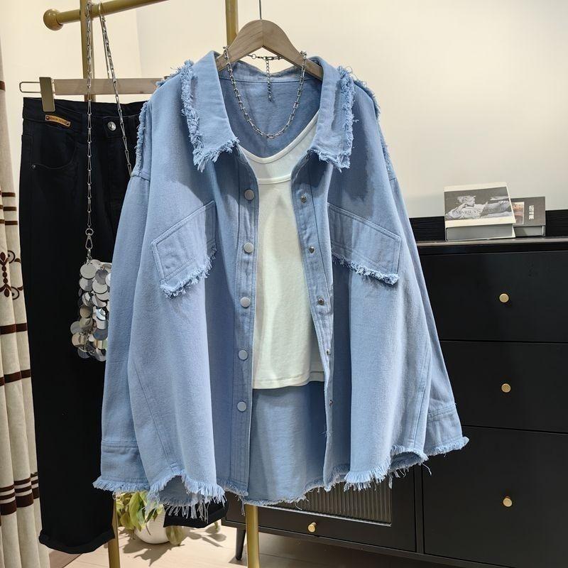 Blouse Jacket Shirt Women's Spring/Autumn Denim Frayed Korean Style Loose Fit Casual Niche Versatile Elegant Distinctive