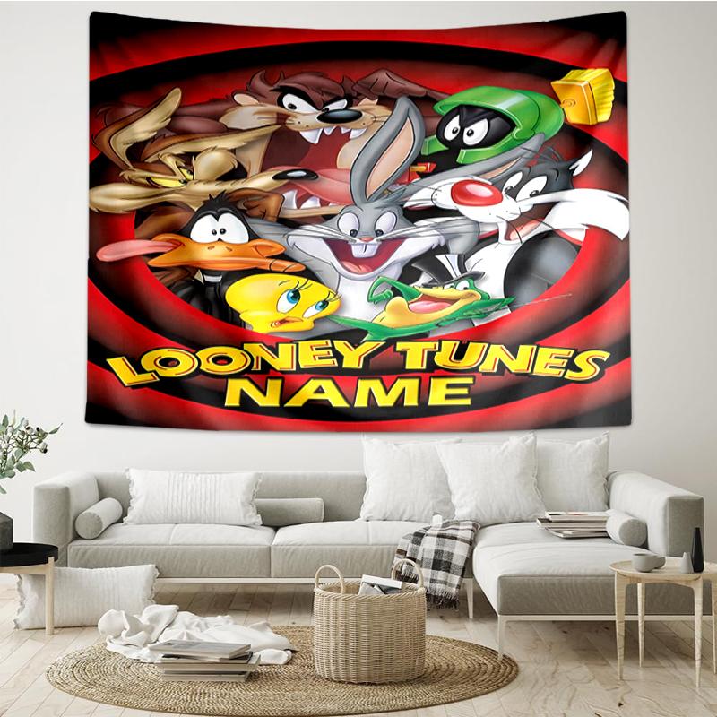 Custom Name Looney Tunes Print Tapestry, Backdrop, Easy Setup, Ideal for Bedroom, Office & Living Room, with Aesthetic Wall Hanging Decor.