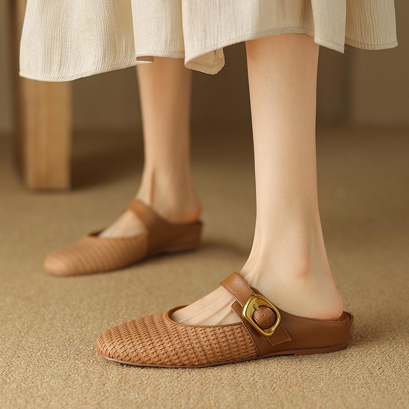 Fashion 2025 New Summer Women Mules Genuine Leather Women Shoes Round Toe Chunky Heel Shoes Cover Toe Slingback Sandals Slippers