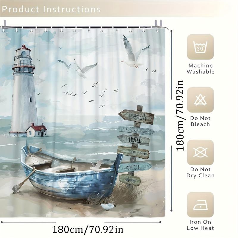 1pc Nautical Coastal Shower Curtain Ocean Beach Lighthouse - With Hooks Waterproof Mildew Proof Easy Install Washable