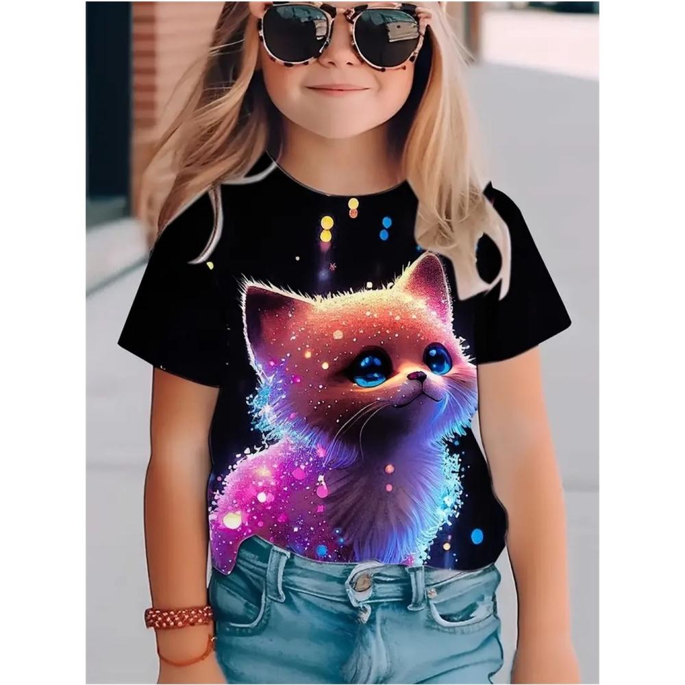 Kids Clothes 3D Print Graphic T Shirts Cute Cat Comforts Casual Tops Summer Short Sleeves Crew Neck Children Clothes Girl