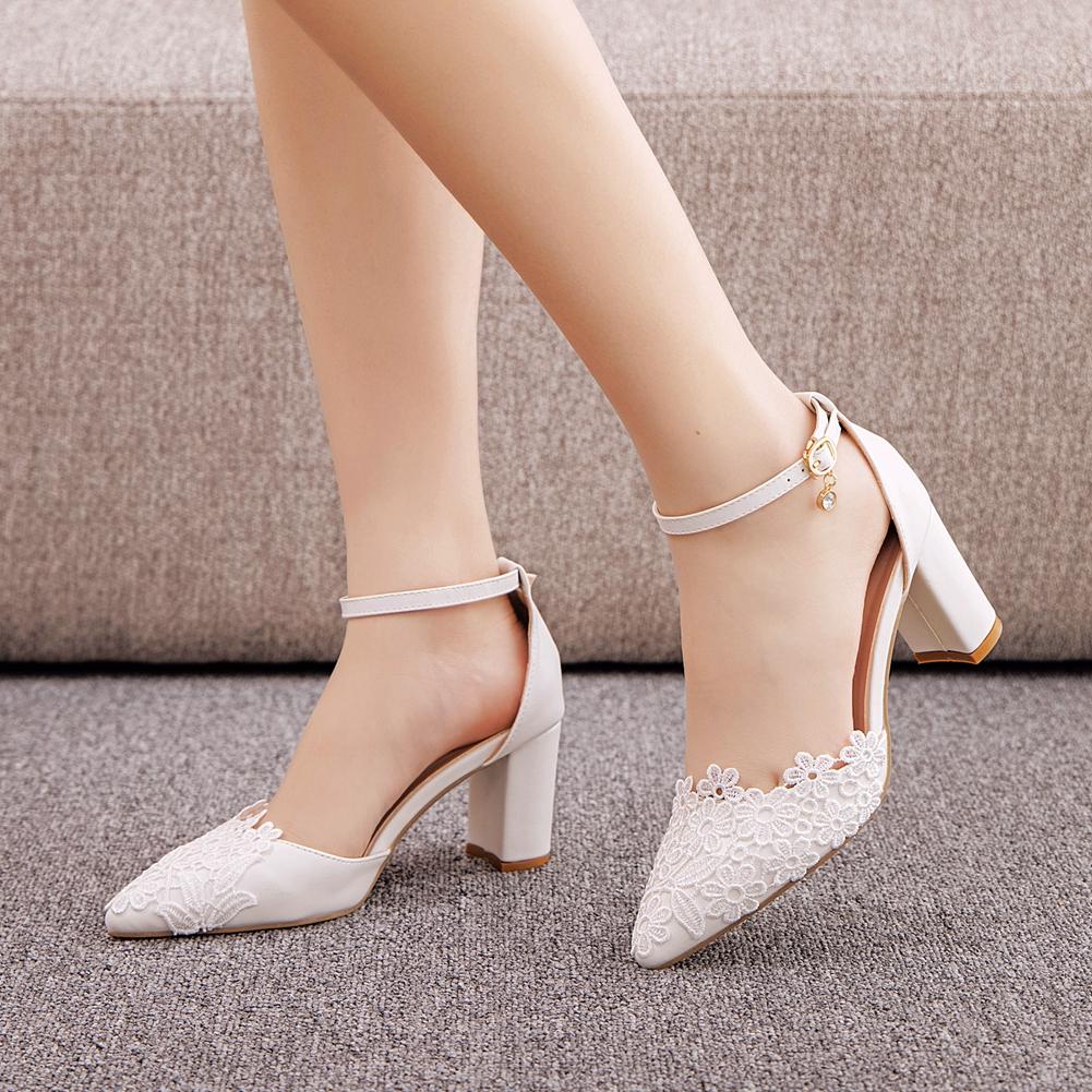 

Crystal Queen Fashion Sexy Elegant Trendy High Heels Ankle Strap Summer Party Sandals Women White Lace Wedding Shoes 43