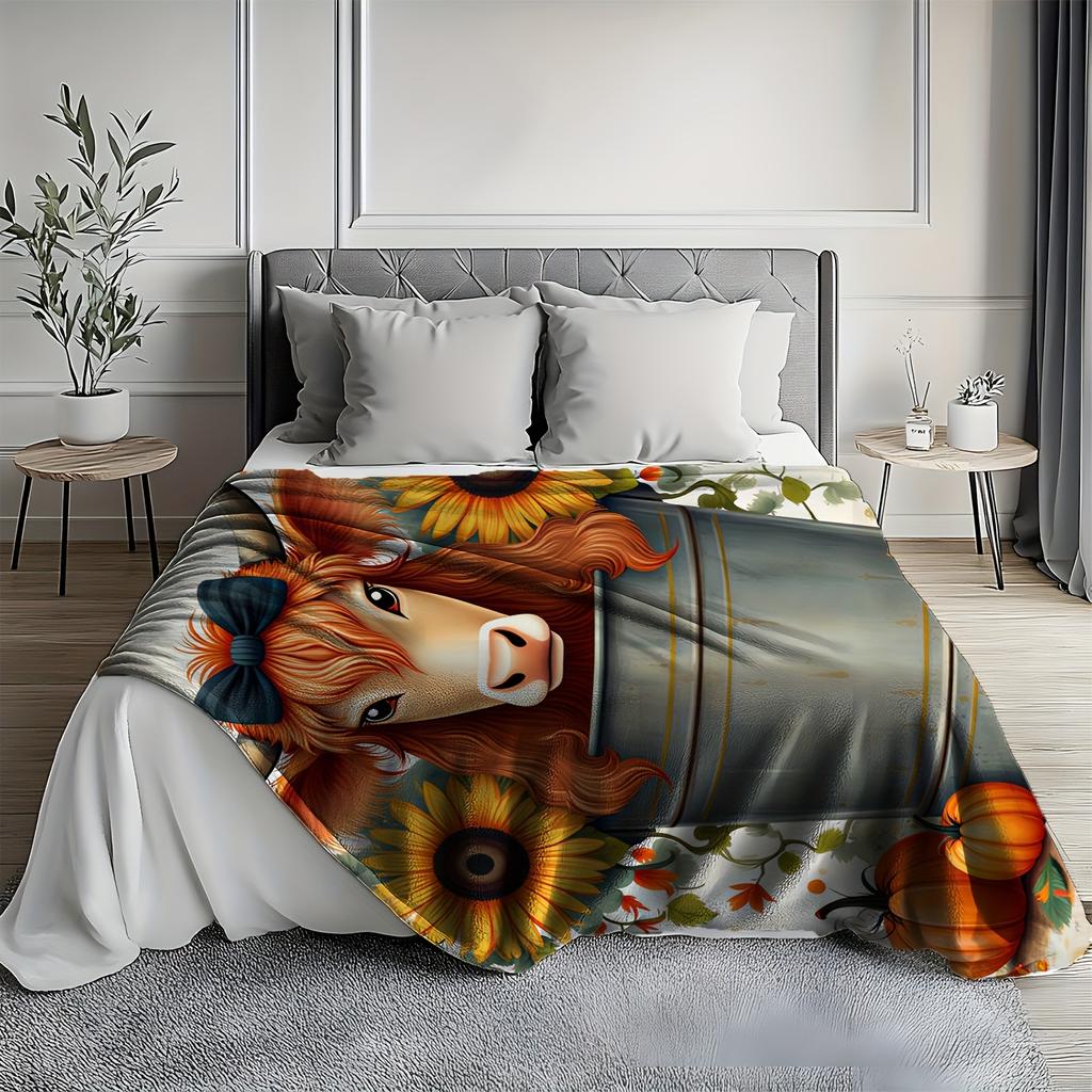 1pc Zeal Lily Farmhouse Blanket - Soft Flannel Throw with Cow, Sunflowers, Pumpkin & Bucket Print - All-Season Cozy Blanket for